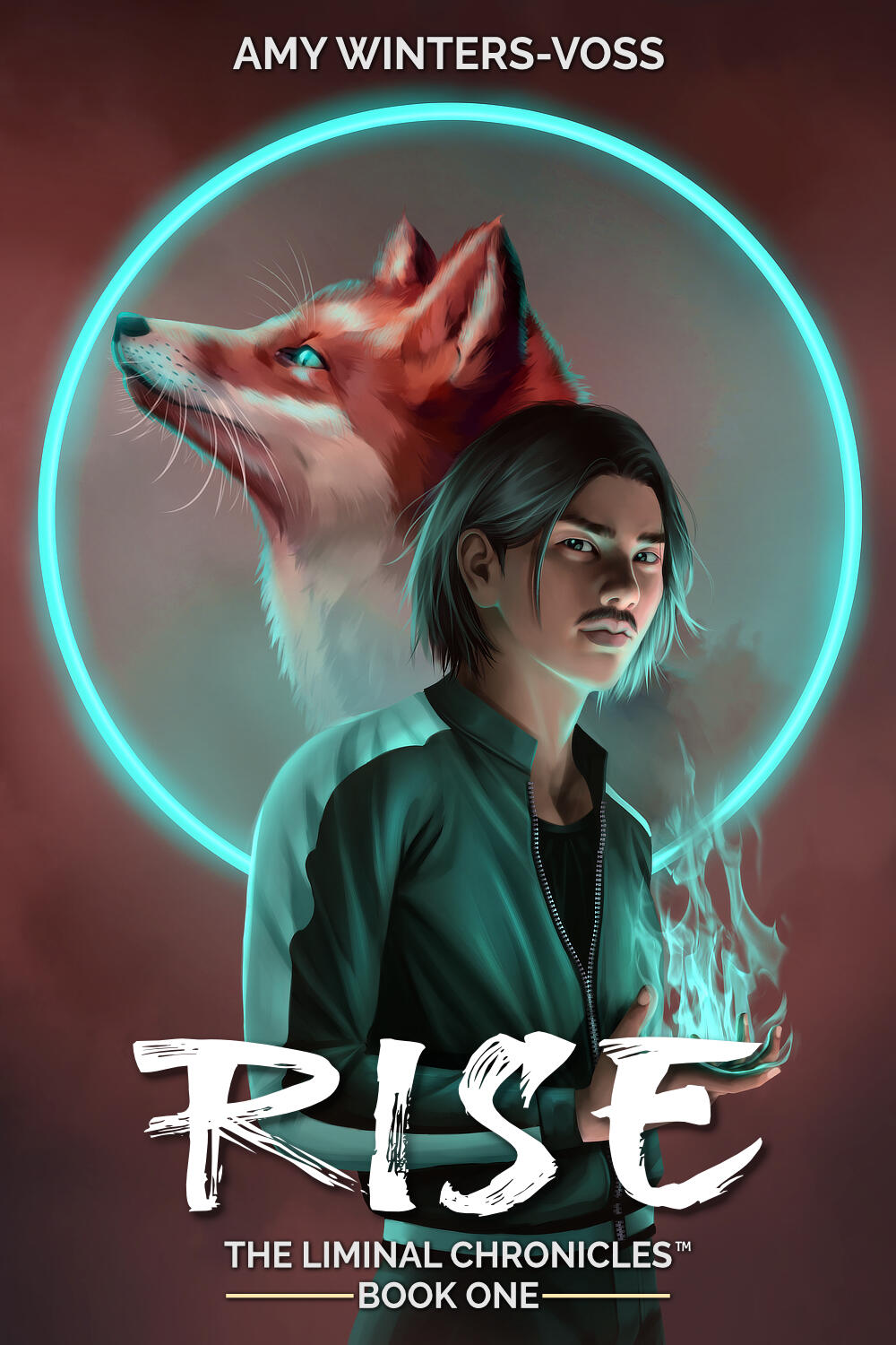 Rise: The Liminal Chronicles Book Cover Rise: The Liminal Chronicles Book Cover. A young Japanese man holds blue fire in his hand. Behind him a red fox looks out of a blue portal circle. Text reads: Rise The Liminal Chronicles Book One. The Author's Name is at the top, Amy Winters-Voss.