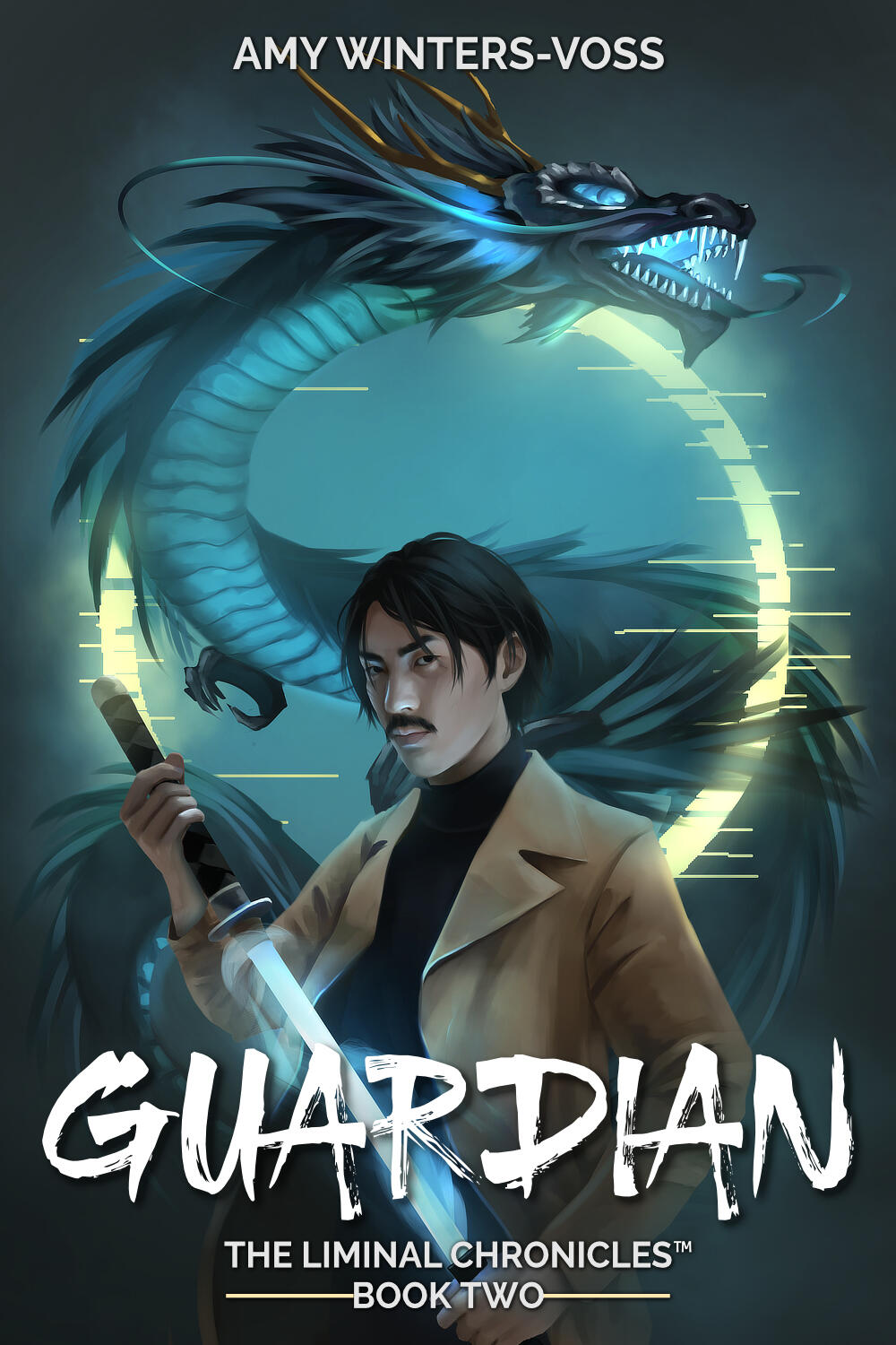 Guardian: The Liminal Chronicles Cover Rise: The Liminal Chronicles Book Cover. A young Japanese man holds a glowing sword. Behind him ab blue Asian dragon slithers out of a blue portal circle. Text reads: Guardian The Liminal Chronicles Book Two. The Author's Name is at the top, Amy Winters-Vo