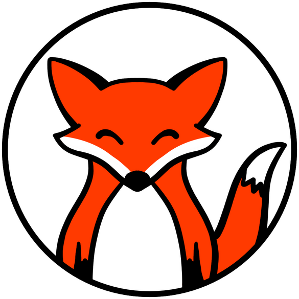 Cartoon style red fox in a circle logo with a white background.